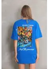 SBRD- Kadın Bisiklet Yaka Baskılı Oversize T-shirt - Mavi