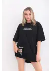 SBRD- Kadın  Bisiklet Yaka Baskılı Oversize T-shirt - Siyah