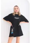 SBRD- Kadın  Bisiklet Yaka Baskılı Oversize T-shirt - Siyah