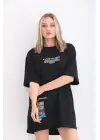 SBRD- Kadın  Bisiklet Yaka Baskılı Oversize T-shirt - Siyah