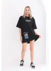 SBRD- Kadın  Bisiklet Yaka Baskılı Oversize T-shirt - Siyah