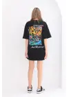 SBRD- Kadın  Bisiklet Yaka Baskılı Oversize T-shirt - Siyah