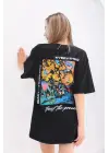 SBRD- Kadın  Bisiklet Yaka Baskılı Oversize T-shirt - Siyah