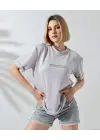 SBRD- Kadın Bisiklet Yaka Baskılı Slim Fit T-shirt - Boyalı Gri