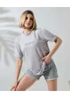 SBRD- Kadın Bisiklet Yaka Baskılı Slim Fit T-shirt - Boyalı Gri