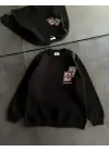 SBRD- Kadın Bisiklet Yaka Kilim Halı Baskılı 3 İplik Pamuklu Sweatshirt - Siyah