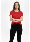 SBRD- Kadın Bisiklet Yaka Slim Fit Likralı Tişört - Kırmızı