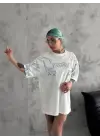 SBRD- Kadın Bisiklet Yaka Yıldırım Baskılı kısa Kol  T-shirt - Beyaz