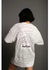 SBRD- Kadın Bisiklet Yakalı Sırt Baskılı  kısa Kol Oversize T-shirt - Beyaz