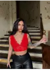 SBRD- Kadın Dantel Bralet Crop Sütyen V Yaka Askılı Şık Esnek Rahat - Kırmızı