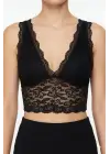 SBRD- Kadın Dantel Bralet Crop Sütyen V Yaka Askılı Şık Esnek Rahat - Siyah