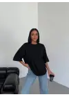 SBRD- Kadın Düz T-shirt Kısa Kol Bisiklet Yaka Oversize Tişört - Siyah
