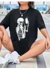 SBRD- Kadın İskelet Baskılı T-shirt Kısa Kol Bisiklet Yaka Oversize Tişört - Siyah