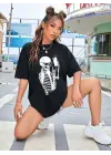 SBRD- Kadın İskelet Baskılı T-shirt Kısa Kol Bisiklet Yaka Oversize Tişört - Siyah