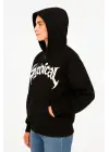 SBRD- Kadın Kapüşonlu 3 İplik Şardonlu Önü Baskılı Fermuarlı Oversize Sweatshirt - Siyah