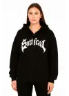 SBRD- Kadın Kapüşonlu 3 İplik Şardonlu Önü Baskılı Fermuarlı Oversize Sweatshirt - Siyah