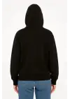 SBRD- Kadın Kapüşonlu 3 İplik Şardonlu Önü Baskılı Fermuarlı Oversize Sweatshirt - Siyah