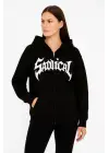 SBRD- Kadın Kapüşonlu 3 İplik Şardonlu Önü Baskılı Fermuarlı Oversize Sweatshirt - Siyah