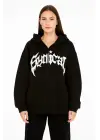 SBRD- Kadın Kapüşonlu 3 İplik Şardonlu Önü Baskılı Fermuarlı Oversize Sweatshirt - Siyah