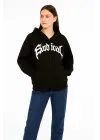 SBRD- Kadın Kapüşonlu 3 İplik Şardonlu Önü Baskılı Fermuarlı Oversize Sweatshirt - Siyah