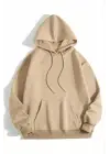 SBRD- Kadın Kapüşonlu Kanguru Cepli 3 İplik Pamuklu Düz Hoodie Sweatshirt - Bej