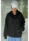 SBRD- Kadın Kapüşonlu Kanguru Cepli 3 İplik Pamuklu Oversize Hoodie Sweatshirt - Siyah
