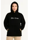SBRD- Kadın Kapüşonlu Kanguru Cepli Sweatshirt 3 İplik Pamuklu Baskılı Hoodie - Siyah