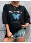 SBRD- Kadın Kelebek Baskılı Oversize Kısa Kol T-shirt - Siyah