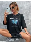 SBRD- Kadın Kelebek Baskılı Oversize Kısa Kol T-shirt - Siyah
