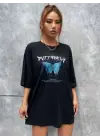 SBRD- Kadın Kelebek Baskılı Oversize Kısa Kol T-shirt - Siyah