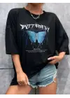 SBRD- Kadın Kelebek Baskılı Oversize Kısa Kol T-shirt - Siyah