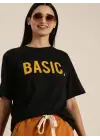 SBRD- Kadın Kısa Kol Yazlık Tişört Bisiklet Yaka Basıc Baskılı T-shirt - Siyah