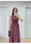 SBRD- Kadın Kolsuz Göğüs Lastıklı %100 Poplin Uzun Elbise - Bordo