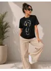SBRD- Kadın Kuğu Figürlü Soru İşareti Baskılı Tişört Kısa Kol T-shirt - Siyah