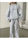 SBRD- Kadın Nakış İşlemeli 3 İplik Pamuklu Sweat Alt-üst Takım- Gri