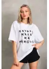 SBRD- Kadın Ön Ve Arka Baskılı Oversize kısa Kol  T-shirt - Beyaz