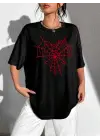 SBRD- Kadın Örümcek Ağ Baskılı T-shirt Kısa Kol Bisiklet Yaka Oversize Tişört - Siyah