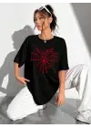 SBRD- Kadın Örümcek Ağ Baskılı T-shirt Kısa Kol Bisiklet Yaka Oversize Tişört - Siyah