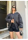 SBRD- Kadın Oversize Bomber Ceket – Siyah, Fermuarlı, Sokak Modası Tarzı Mont - Siyah