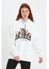 SBRD- Kadın Oversize Kapüşonlu Cepli Baskılı 3 İplik Pamuklu Hoodie Sweatshirt - Beyaz