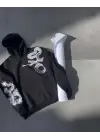 SBRD- Kadın Oversize Kapüşonlu Cepli Baskılı 3 İplik Pamuklu Hoodie Sweatshirt - Siyah