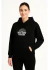 SBRD- Kadın Oversize Kapüşonlu Cepli Baskılı 3 İplik Pamuklu Hoodie Sweatshirt - Siyah
