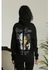 SBRD- Kadın Oversize Kapüşonlu Cepli Baskılı 3 İplik Pamuklu Hoodie Sweatshirt - Siyah