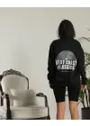 SBRD- Kadın Oversize Kapüşonlu Cepli Baskılı 3 İplik Pamuklu Hoodie Sweatshirt - Siyah