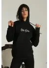 SBRD- Kadın Oversize Kapüşonlu Cepli Baskılı 3 İplik Pamuklu Hoodie Sweatshirt -  Siyah