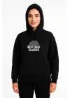 SBRD- Kadın Oversize Kapüşonlu Cepli Baskılı 3 İplik Pamuklu Hoodie Sweatshirt - Siyah