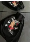 SBRD- Kadın Oversize Kapüşonlu Cepli Baskılı 3 İplik Pamuklu Hoodie Sweatshirt - Siyah