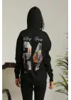 SBRD- Kadın Oversize Kapüşonlu Cepli Baskılı 3 İplik Pamuklu Hoodie Sweatshirt - Siyah