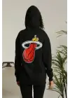 SBRD- Kadın Oversize Kapüşonlu Cepli Baskılı 3 İplik Pamuklu Hoodie Sweatshirt - Siyah