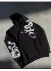 SBRD- Kadın Oversize Kapüşonlu Cepli Baskılı 3 İplik Pamuklu Hoodie Sweatshirt - Siyah